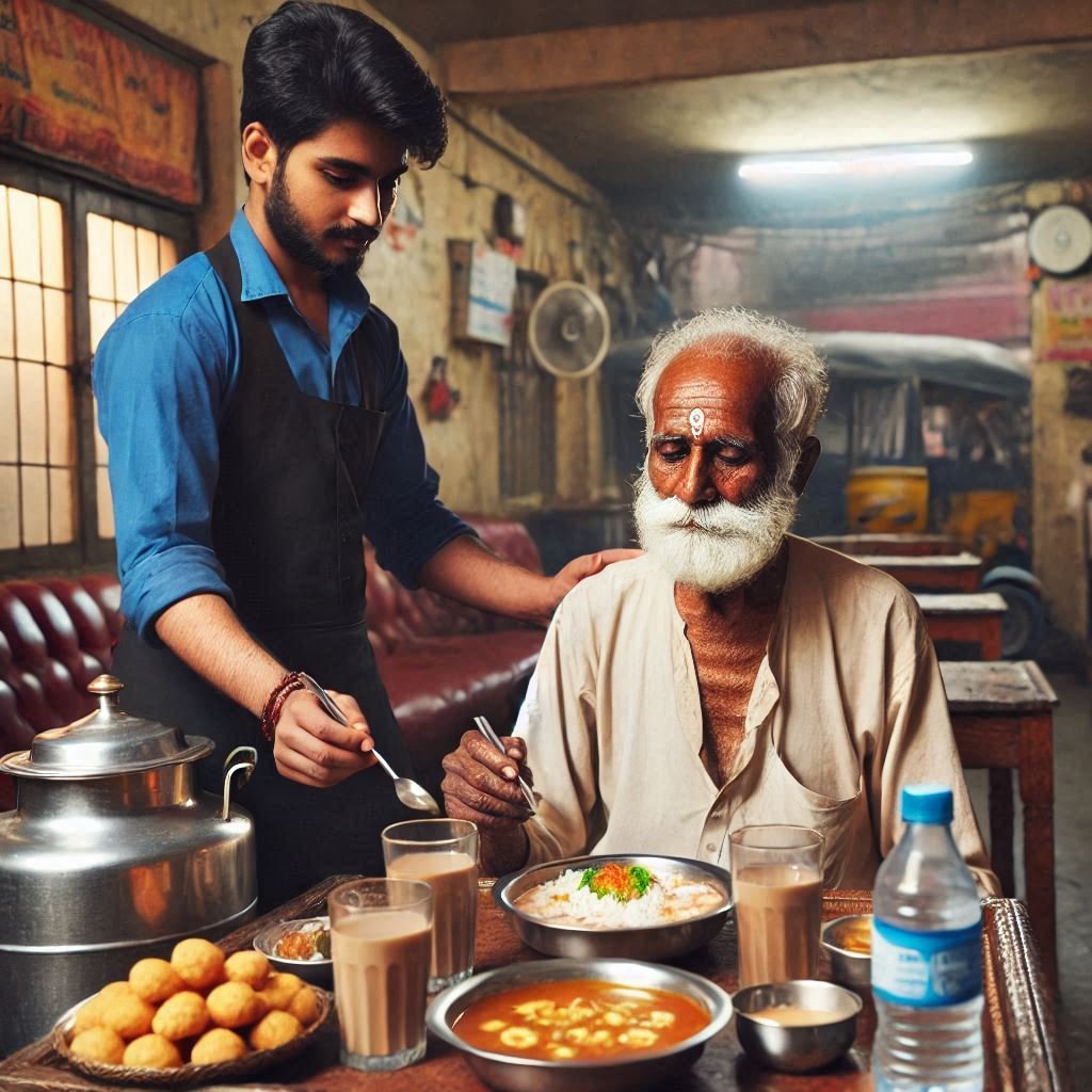 old man eating food in hotel - moral stories in telugu