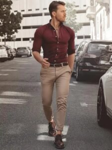 Burgundy Dress Shirt with Beige Dress Pants